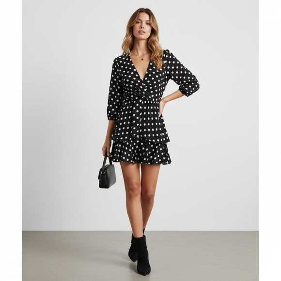 ZARA MINI Black Pullover V Neck Polka Dot Dress Batwing 2 Tier Skirt Size L NWT - Picture 4 of 13